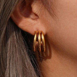 NEW 18K GOLD 3 LAYERS TUBE SHAPE HOOP EARRINGS